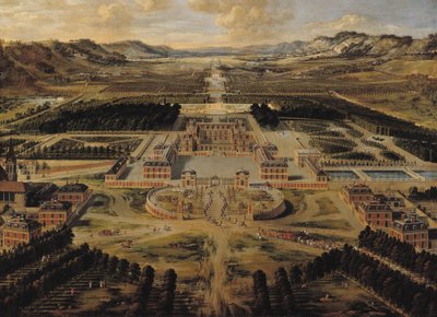 パリ通りから見たヴェルサイユ宮殿、庭園、公園の斜視図 作： Pierre Patel