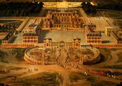 パリ大通りからのヴェルサイユ宮殿、庭園、公園の眺め、城の詳細、キャンバス上の1668オイル81242 作： Pierre Patel