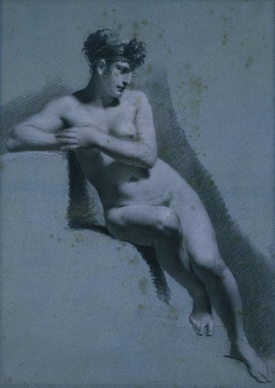 裸の女性の習作、座って右を向いている (直腸) 作： Pierre Paul Prud