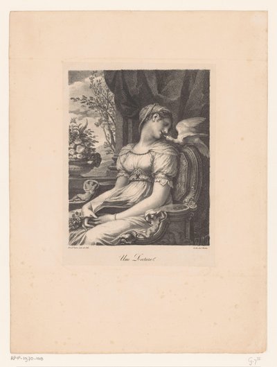 本と白い鳥と座っている女性 うねレクチャー（題名・対象） 作： Pierre Prud