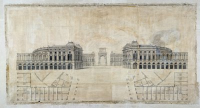 建築の話「マルセイユのロワイヤル広場の計画、港を見る視点と平面図」1686年（図面 作： Pierre Puget