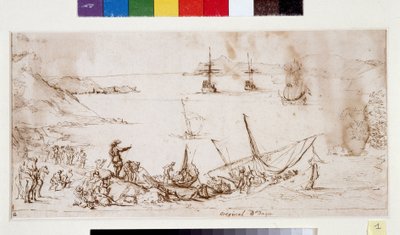 シオタ湾の搭乗部隊（紙にインクとペン） 作： Pierre Puget