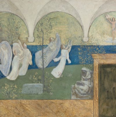 天才のための感動的なミューズ応援、光の使者、1895年の準備絵の詳細 作： Pierre Puvis de Chavannes