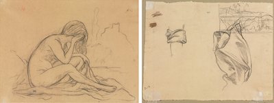 女性のヌードの習作（おそらく未実現の寓意画のため）（直訳）; ドレープの研究と風景の研究（裏） 作： Pierre Puvis de Chavannes