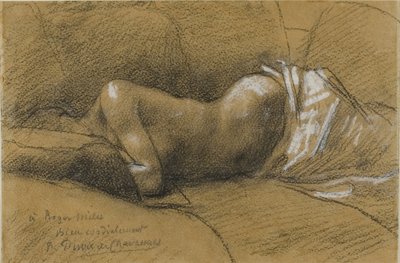 眠る女の習作、1867年頃（白いパステルで強調された黒いコンテクレヨン、黄褐色の織り紙、クリームカードに置かれた） 作： Pierre Puvis de Chavannes