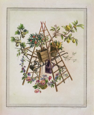 トロフィー、属性、カートリッジ、花瓶、花、装飾品、いくつかの楽しい絵のコレクションを含む作品から、アームチェアを刺繍する庭のテキスタイルデザイン。エティエンヌCによって彫刻されています 作： Pierre Ranson