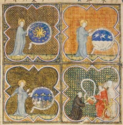 1390年頃のジャンコルベションのフランス語訳におけるイギリス人バーソロミューによる「物性」のページ 作： Pierre Remiet