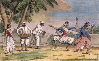 ポワソンによって彫刻された「ヴォヤージュオーインデスエララシネ」のイラスト、男性のミュージシャンと一緒のバヤデレス、またはインディアンダンスの女の子の劇団、1782年（色の彫刻） 作： Pierre Sonnerat