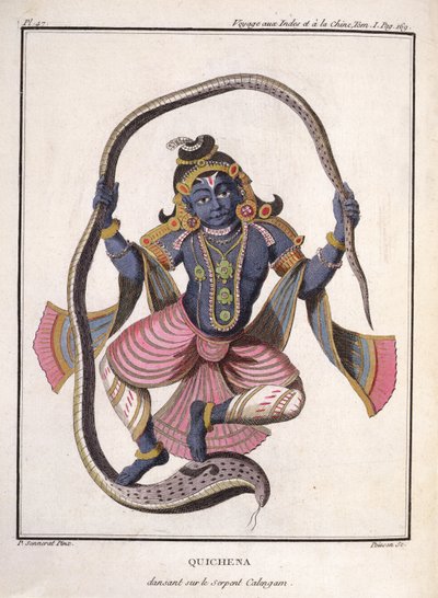 ポワソンによって刻まれた、ピエールソネラトによる「インドと中国への航海」から1782年に出版された、カリヤの蛇の上で踊るクリシュナ 作： Pierre Sonnerat