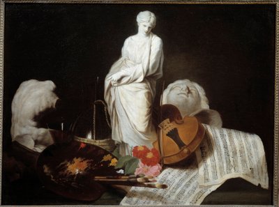 画家、ヴァイオリン、楽譜、彫刻のアートパレットの属性。ピエール・シュブレイラスによる絵画 作： Pierre Subleyras