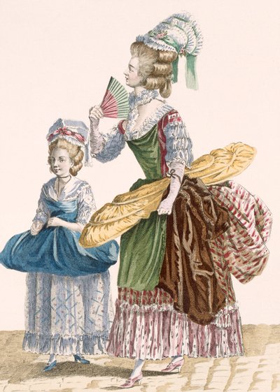 商売道具を持ったドレスメーカーとその助手、デュパンの彫版、「Galeries des Modes et Costumes Francais」のプレートNo.25、1778-87年頃（カラーエングレーヴィング） 99:衣服、伝統的なドレス、伝統的な衣装、ファッション、イラスト、18世紀、ファショナブ 作： Pierre Thomas (after) Le Clerc