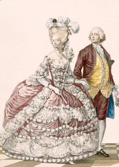非公式のウェディング・ドレス、デュパンのエングレービング、「Galeries des Modes et Costumes Francais」のプレートNo.88、1778-87年頃（カラー・エングレービング） 99:衣服、伝統的なドレス、伝統的な衣装、ファッション、イラスト、18世紀、ファッショナブル、衣服、女性、男性、ガウ 作： Pierre Thomas (after) Le Clerc