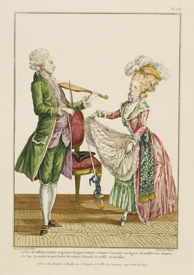 女性が踊りながらバイオリンを弾く紳士。J。ペリシエの彫刻、1780〜90年頃 作： Pierre Thomas Le Clerc