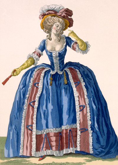 英国風のフープドレス、ブルゴーニュのフリルの縁取り、ブルーの刻印入り、「Galeries des Modes et Costumes Francais」のプレートno.182、c.1778-87 99：clothing; 作： Pierre Thomas Le Clerc