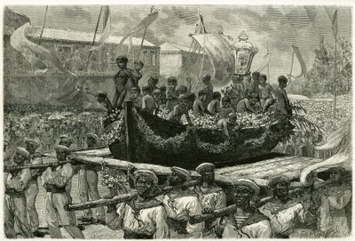 万聖節の前夜に行われるキリオの行列では、宗教的にも大衆的にも、1793年に消息を絶った船のカヌーに乗って聖母像が街中に運ばれ、生存者は奇跡の聖母を元に献上します。エングレーヴィング 作： Pierre Vignal
