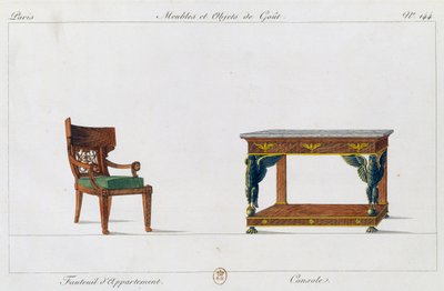 アパートのアームチェアとコンソール、プレート144、イラスト「Collection de meubles et objects de gout（家具と趣味の品々のコレクション）」より 作： Pierre de La Mesangere