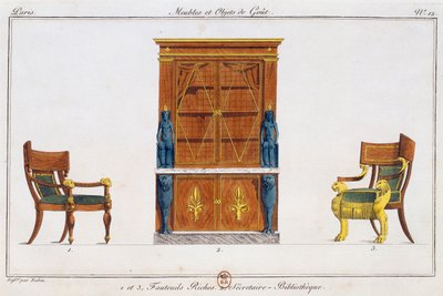 肘掛け椅子と書斎のライティングデスク プレート12 「Collection de meubles et objects de gout（家具と嗜好品のコレクション）」のイラスト 作： Pierre de La Mesangere