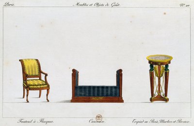 フランジ付きアームチェア、ラブシート、三脚テーブル、プレート211、「Collection de meubles et objects de gout（家具と嗜好品のコレクション）」の図版 作： Pierre de La Mesangere