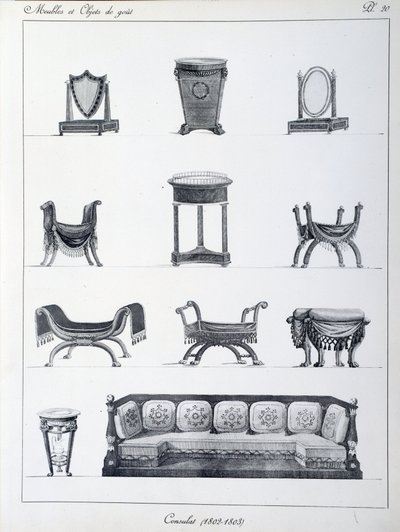 当時の領事館の家具（1802-1803年）。ピエール・ド・ラ・メサンジェー（1761-1831）のコレクション「Collection de mobilier et objets de taste」から抜粋したプレート。パリ装飾美術 作： Pierre de La Mesangere