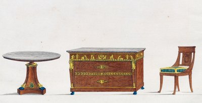 マホガニー製のテーブル、チェスト、椅子、プレート241、「Collection de meubles et objects de gout（家具と嗜好品のコレクション）」の図版 作： Pierre de La Mesangere