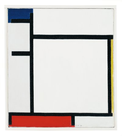 青、黄、赤、灰色の構成 作： Piet Mondrian