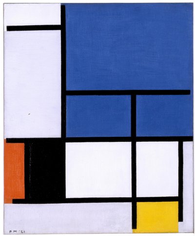 大きな青い飛行機と赤、黒、黄、グレーのコンポジション 作： Piet Mondrian