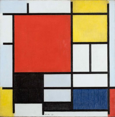 大きな赤い飛行機、黄色、黒、灰色、青のコンポジション 作： Piet Mondrian