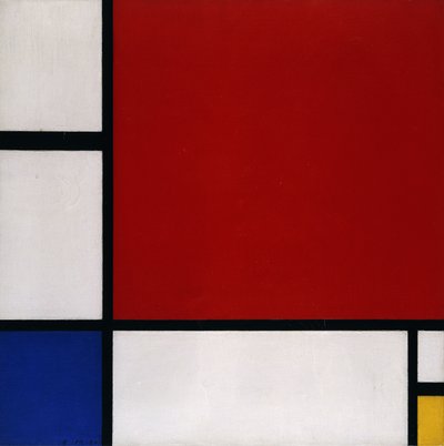 赤、青、黄色の構成 作： Piet Mondrian