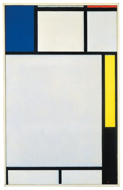 青、赤、黄、黒の構図 作： Piet Mondrian