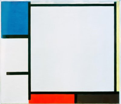 青、黄、赤、黒、灰色の構成 作： Piet Mondrian
