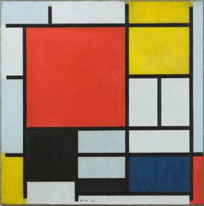 大きな赤い飛行機、黄色、黒、灰色、青の構成、1921 作： Piet Mondrian