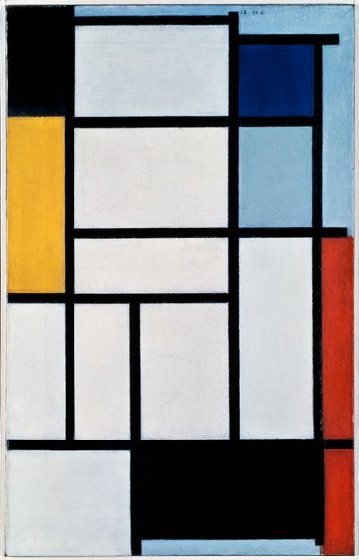 赤、黒、黄、青、グレーで構成 作： Piet Mondrian