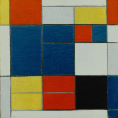 組成C;黄色、赤、青灰色、青、 作： Piet Mondrian