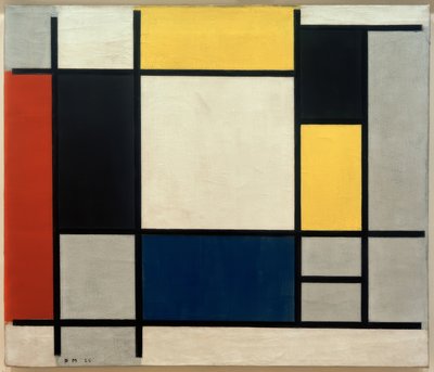黄色、赤、黒、青、灰色の構成 作： Piet Mondrian