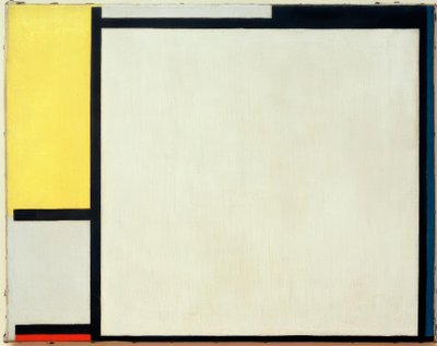 黄色、黒、青、赤、灰色の構成 作： Piet Mondrian