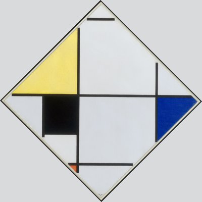 黄、黒、青、赤、および灰色の菱形組成、1921 作： Piet Mondrian