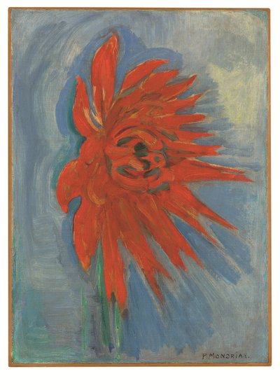 青地に赤い菊、1909-10年頃（油彩・キャンバス） 作： Piet Mondrian