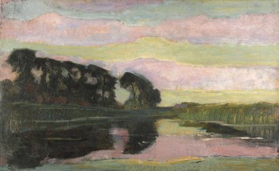 ピンクと黄緑色の空を持つ川の風景、1907～1908年頃。 作： Piet Mondrian
