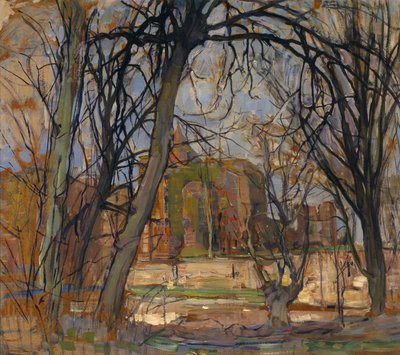 春の太陽（レンテゾン）。城の廃墟。ブレデローデ, c.1909-10 (メイソンイトに油彩) 作： Piet Mondrian