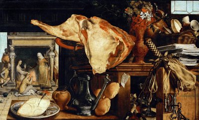 虚栄心のある静物（マルタとマリアの家にいるキリスト） - Pieter Aertsen (dit Lange Pier) (1508-1575).木に油彩 作： Pieter Aertsen
