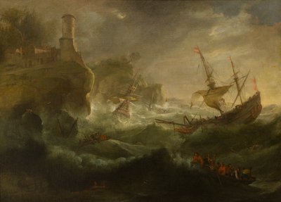 岩の多い海岸沖での船の創設、1657〜1701年頃（キャンバスに油彩） 作： follower of Pieter Mulier