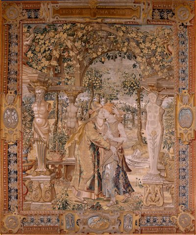 フランダースのタペストリー。 シリーズ Vertumnus と Pomona。 Vertumnus は Pomona にキスをします。 シリーズ第7弾のタペストリー。 Pieter Coecke van Aelst のモデル サークル。 ブリュッセルのヴィルヘルム・パンネメーカーのマニュファクチュール。 1545～1550年頃。 ファブリック ゴールド、シルバー、シルク、ウール。 サイズ 430×365cm。 作： Pieter (circle of) Coecke van Aelst