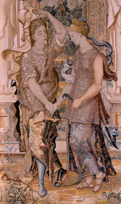 フランダースのタペストリー。 シリーズ Vertumnus と Pomona。 Vertumnus は Pomona (Vertumno se descubre ante Pomona) に彼の身元を明らかにします。 シリーズ8作目のタペストリー。 Pieter Coecke van Aelst のモデル サークル。 ブリュッセルのヴィルヘルム・パンネメーカーのマニュファクチュール。 1545～1550年頃。 ファーブル 作： Pieter (circle of) Coecke van Aelst