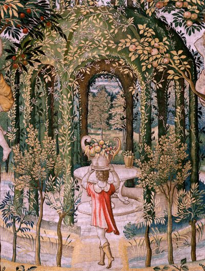 フランダースのタペストリー。 シリーズ Vertumnus と Pomona; 庭師に変身したVertumnus (Vertumno transformado en jardinero)。 シリーズ5作目のタペストリー。 Pieter Coecke Van Aelst と Léonard Thiry のモデル サークル。 マニュファクチュール不明のワークショップ、ブリュッセル、前 作： Pieter (circle of) Coecke van Aelst