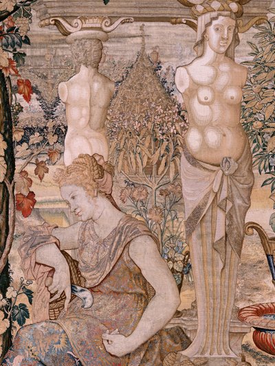 フランダースのタペストリー。 シリーズ Vertumnus と Pomona。 Vertumnus は老婆に変身しました。 Vertumnus は老婆に変身しました。 シリーズ第6弾のタペストリー。 Pieter Coecke van Aelst のモデル サークル。 ブリュッセルのヴィルヘルム・パンネメーカーのマニュファクチュール。 1545～1550年頃。 作： Pieter (circle of) Coecke van Aelst