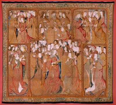 フランダースのタペストリー。 母またはパニョス・デ・オロのシリーズの勝利。 神は大天使ガブリエル (Dios envía al Arcángel Gabriel) を送ります。 シリーズ初のタペストリー。 モデルのコリン・デ・クーター(?)。 ブリュッセルのピーター・ヴァン・アールスト（またはヴァン・エディンゲン）を製造。 Ca1500-1502。 ふ 作： Pieter (studio of) Coecke van Aelst