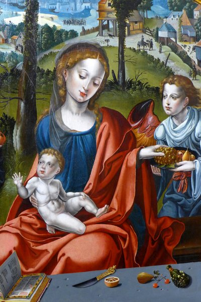 マリア、赤ん坊のイエス、そして天使。 聖家族のトリプティクの詳細 作： Pieter (studio of) Coecke van Aelst
