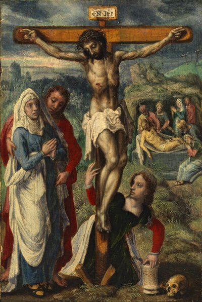 十字架上のキリスト、墓碑を背景に、c.1530 作： Pieter Aertsen