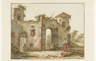 右側に採集者がいる老朽化した建物 作： Pieter Bartholomeusz. Barbiers