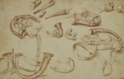 狩猟道具（鉛筆、ペン、紙にインク） 作： Pieter Bruegel the Elder